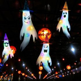 4Pcs Halloween Ghosts With Witch Hats Windsocks Hanging Decoration With Colorful LED Light Outdoor Flag Wind Socks Halloween Party Decoration For Yard