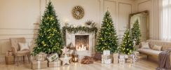 8FT, 6FT, 4FT Pre-Lit Green Pine Artificial Christmas Tree, Set of 3 Hinged Xmas Trees with 820 Warm-Yellow LED Lights and 2539 Branch Tips
