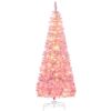 HOMCOM 6ft Prelit Snow Flocked Artificial Christmas Tree with Pencil Shape, Pine Realistic Branches, Warm White LED lights, Auto Open, Pink and White