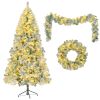 6FT Snow Flocked Christmas Tree, Pre-Lit Set with Tree & Garland & Wreath, Artificial Hinged Xmas Tree with Colorful LED Lights, 8 Lighting Modes