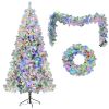 6FT Snow Flocked Christmas Tree, Pre-Lit Set with Tree & Garland & Wreath, Artificial Hinged Xmas Tree with Colorful LED Lights, 8 Lighting Modes