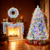 6FT Snow Flocked Christmas Tree Pre Lit Set With Tree Garland Wreath,Artificial Hinged Xmas Tree With Colorful LED Lights8 Lighting Modes, Pine Cones