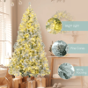 6FT Snow Flocked Christmas Tree Pre Lit Set With Tree Garland Wreath,Artificial Hinged Xmas Tree With Colorful LED Lights8 Lighting Modes, Pine Cones