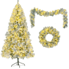 6FT Snow Flocked Christmas Tree Pre Lit Set With Tree Garland Wreath,Artificial Hinged Xmas Tree With Colorful LED Lights8 Lighting Modes, Pine Cones