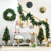 HOMCOM Prelit Holiday Christmas 4-Piece Set, Garland Wreath and Set of 2 Entrance Trees with Warm White LED Lights, Red Berries, Pine Cones, Green