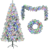 6FT Snow Flocked Christmas Tree Pre Lit Set With Tree Garland Wreath,Artificial Hinged Xmas Tree With Colorful LED Lights8 Lighting Modes, Pine Cones